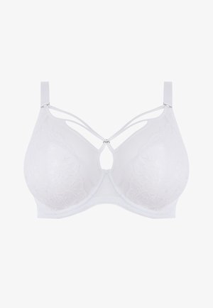 Soutien-gorge blanc avec des détails en dentelle, bonnets moulés et bretelles croisées. Les bretelles réglables et l'accent de trou central ajoutent des éléments de design.
