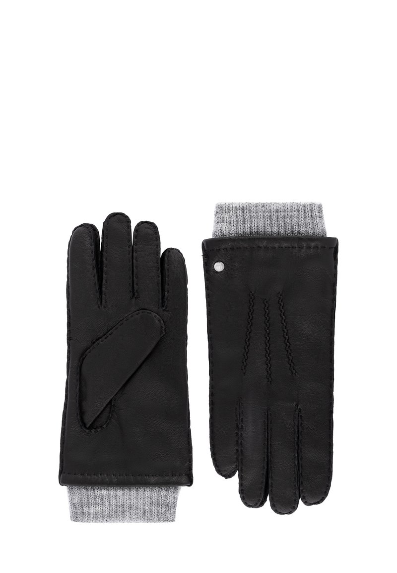 Schwarze Lederhandschuhe mit grauen Strickbündchen, einer zeigt die Handfläche mit Daumenverstärkung, der andere zeigt die Rückseite mit dekorativen Nähten und einem kleinen Metallknopf.