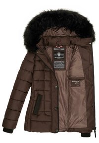 Brown, quilted puffer coat with a black fur-lined hood. Features a zip closure, snap buttons, and an interior pocket with branding details.