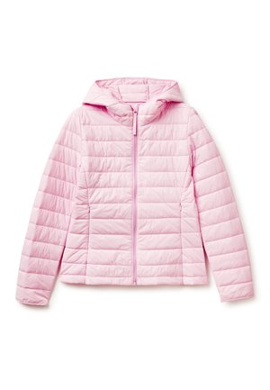 Hellrosa gesteppte Kapuzenjacke mit Frontreißverschluss und Seitentaschen, entworfen für Wärme und lässiges Tragen.