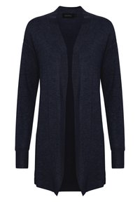 Marinblå lång kofta gjord av mjukt tyg, med öppen framsida, ribbade ärmslut och nederkant, som har en avslappnad passform utan knäppningar eller ytterligare dekorationer.