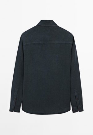 Dark blue long-sleeve shirt, button-up design with a collar, featuring a smooth texture and curved hem. Includes buttoned cuffs.