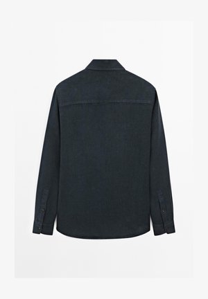 Dark blue long-sleeve shirt, button-up design with a collar, featuring a smooth texture and curved hem. Includes buttoned cuffs.