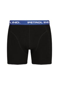 Boxer shorts noirs avec une ceinture élastique bleue étiquetée "PETROL IND." Texture lisse avec des coutures piquées et un design ajusté.