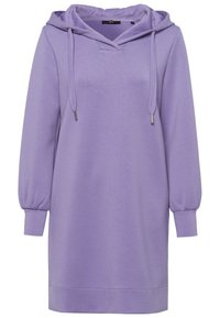 Robe sweat à capuche violette avec manches longues bouffantes, encolure en V et capuche avec cordon de serrage. Confectionnée en tissu doux avec un ourlet droit. Détails métalliques argentés.