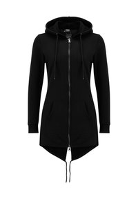 Veste à capuche longue noire avec fermeture éclair complète à l’avant, capuche avec cordon, poches kangourou, manches longues et ourlet asymétrique avec dos allongé.