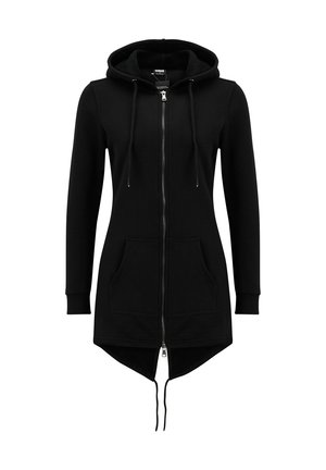 Juoda ilga džemperio tipo striukė su pilnaviduriu priekinio užtrauktuku, gobtuvu su raišteliu, kengūro kišenėmis, ilgomis rankovėmis ir asimetrišku apvadu su pratęstu nugaros daliu.