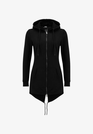 Juoda ilga džemperio tipo striukė su pilnaviduriu priekinio užtrauktuku, gobtuvu su raišteliu, kengūro kišenėmis, ilgomis rankovėmis ir asimetrišku apvadu su pratęstu nugaros daliu.