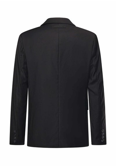 Blazer negro con una única abertura en la parte posterior, solapas con muesca y puños abotonados. Tejido suave y ligero con un corte entallado.