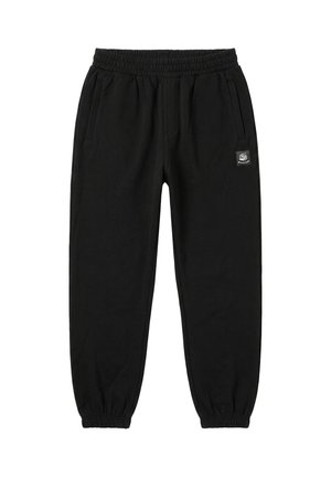 Czarne spodnie typu jogger z elastycznym pasem i ściągaczami, bocznymi kieszeniami oraz małą naszywką z logo na prałym udzie.
