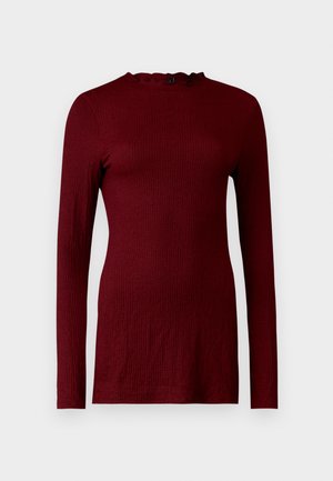 Burgunderfärgad långärmad topp med en texturerad tyg, med en scallopad halsringning och en figurnära design.