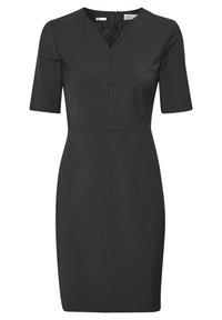 Svart klänning med korta ärmar, V-ringning, figurnära midja, knälång. Tillverkad av ett slätt tyg med en ren, minimal design. Dragkedja bak.