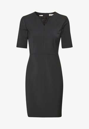 Czarna sukienka z krótkimi rękawami, dekoltem w kształcie V, dopasowaną talią, o długości do kolan. Wykonana z gładkiego materiału w czystym, minimalistycznym stylu. Zamek błyskawiczny z tyłu.