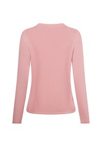 Langärmliger, hellrosa Pullover mit strukturiertem Strickmuster. Besitzt einen runden Ausschnitt und eine glatte, figurbetonte Silhouette.