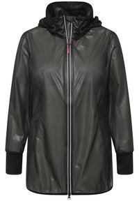Giacca leggera nera con texture a nido d'ape, chiusura con zip frontale, polsini elasticizzati e cappuccio. Presenta zip e dettagli a contrasto.