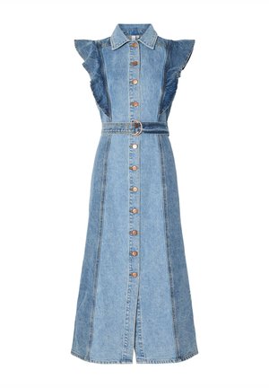 Spijkerjurk met een knoopsluiting aan de voorkant, geraffineerde schouders en een riem in de taille. Lichtblauwe kleur met contrasterende naden en metalen knopen.