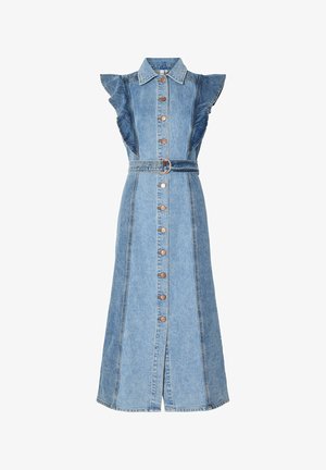 Jeanskleid mit durchgehender Knopfleiste, gerafften Schultern und tailliertem Gürtel. Hellblau mit kontrastierenden Nähten und metallischen Knöpfen.