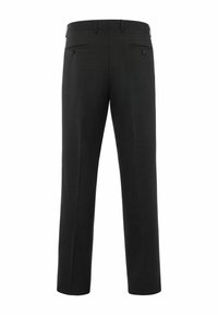 Schwarze, maßgeschneiderte Stoffhosen aus glattem Material, mit geradem Bein, Gürtelschlaufen und zwei Gesäßtaschen mit Knöpfen.