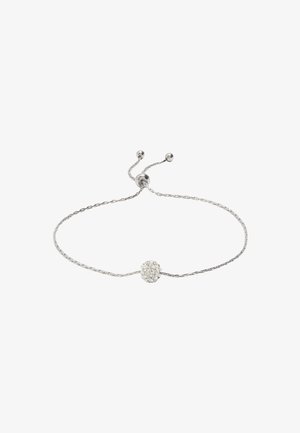 Srebrna regulowana bransoletka z plecionym wzorem łańcuszka i centralnym kulistym akcentem z przezroczystymi kryształkami dla dodatkowego wykończenia.