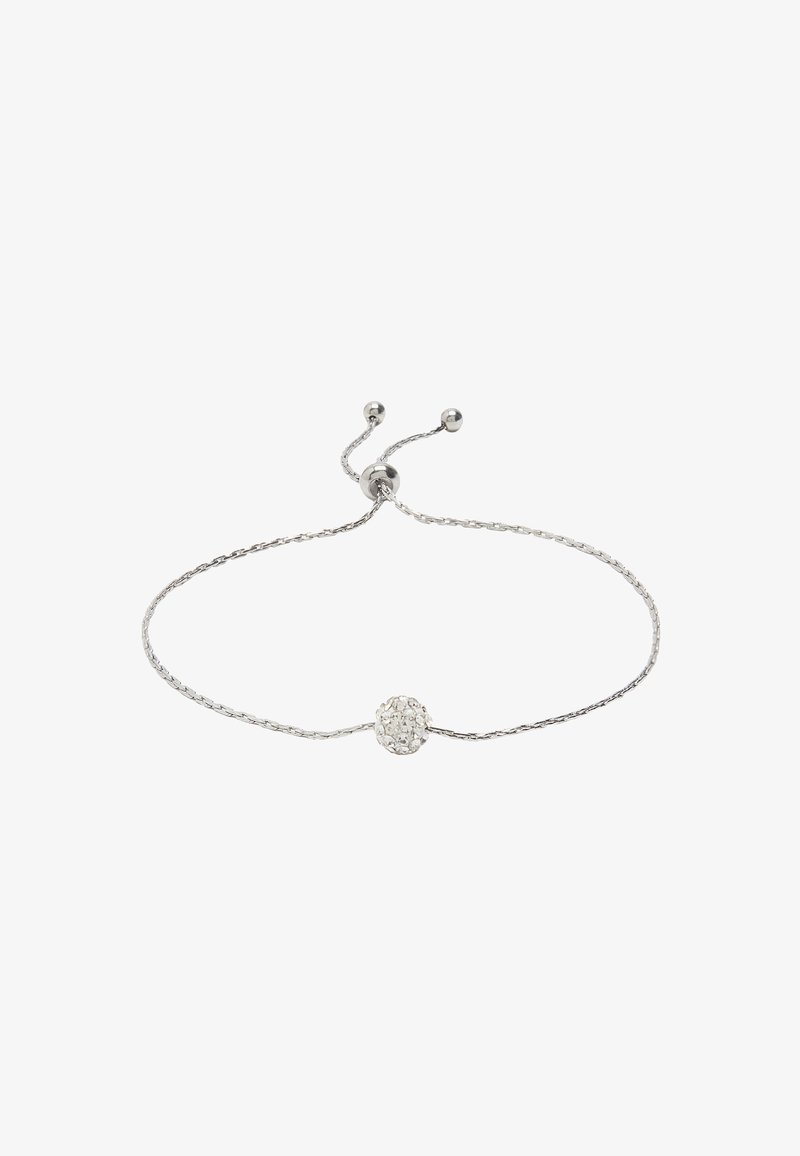 Srebrna regulowana bransoletka z plecionym wzorem łańcuszka i centralnym kulistym akcentem z przezroczystymi kryształkami dla dodatkowego wykończenia.