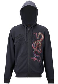 Marineblå zip-hoodie med et centreret slangegrafik i livlige farver, med snøre i hætten og to foran lommer. Blødt stof.