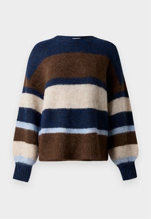 Adīta džemperis ar horizontālām svītrām brūnā, krēmkrāsā, tumši zilā un gaiši zilā krāsā. Mīksts, strukturēts audums ar noapaļotu kakla izgriezumu un balona piedurknēm.