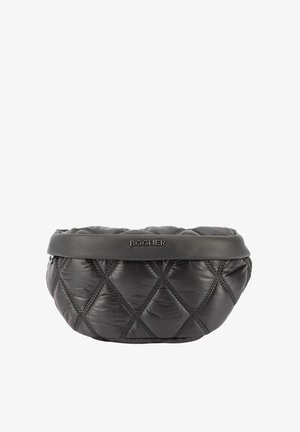 Zwarte doorgestikte handtas met een glad leren bovenband. Voorzien van diamantstiksels en een subtiel logo aan de voorkant. Zachte, puffy textuur.