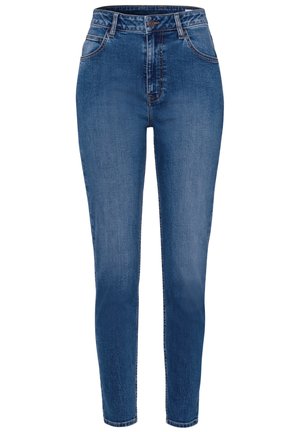 Jeansy z wysokim stanem w niebieskim kolorze, o dopasowanym kroju, z pięcioma kieszeniami i kontrastowym przeszyciem. Gładka faktura, bez ozdób.