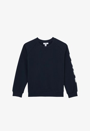 Tumesinist värvi trikotaažpusa raglaanvarrukate, soonikkoes varrukaotste ja äärisega, vasakul varrukal valge graafilise tekstiga. Valmistatud pehmest kangast.