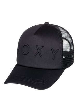 Casquette de baseball en maille noire avec une visière courbée et le lettrage en relief "ROXY" sur le panneau avant.