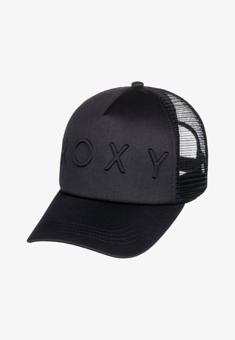 Casquette de baseball en maille noire avec une visière courbée et le lettrage en relief "ROXY" sur le panneau avant.
