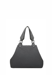 Sac en tissu gris avec une large base et des bords arrondis, deux poignées épaules fixées par des accessoires en métal argenté, texture lisse.