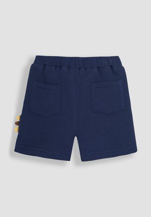 Granatowe szorty z teksturowanej tkaniny, elastycznym pasem i dwiema tylnymi kieszeniami. Posiadają zabawne żółte i brązowe akcenty po bokach.