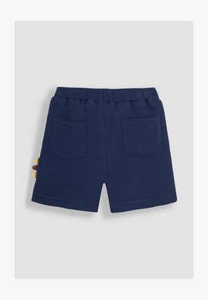 Shorts bleumarin dintr-un material texturat, cu talie elastică și două buzunare la spate. Prezintă accente jucăușe de culoare galbenă și maronie pe lateral.