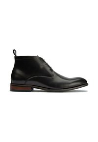 Black leather ankle boot with a smooth finish, slight toe cap, five-eyelet lacing, and a contrasting wooden sole. No visible patterns.