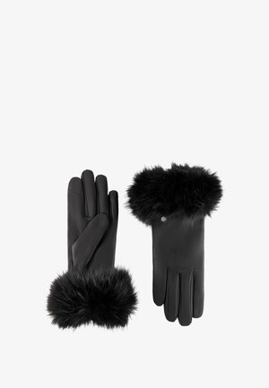 Black leather gloves featuring a soft fur cuff. The gloves are smooth with three finger compartments, accented by a silver button detail.