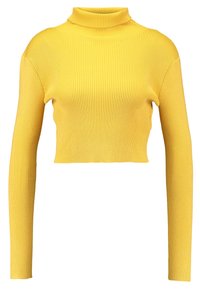 Maglione a collo alto a coste giallo con maniche lunghe e design corto. Presenta una vestibilità aderente e una superficie testurizzata creata da coste verticali.
