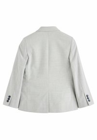 Blazer ajusté gris clair avec une texture lisse, des revers marqués et des manches longues ornées de boutons bleus. La vue arrière présente un design épuré.