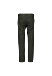 Donkergroene broek met een elastische tailleband, recht model en twee achterzakken. Zachte stoftextuur met minimale stikseldetails.