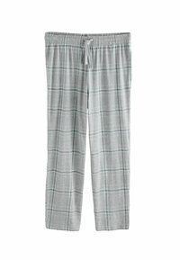 Šedé kárované pyžamové nohavice z ľahkej, jemnej látky. Elastický pás s šnúrkou; obsahujú károvaný vzor v tmavozelených a čiernych farbách.