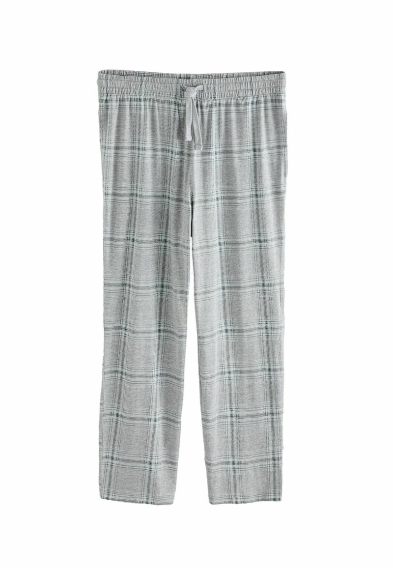 Šedé kárované pyžamové nohavice z ľahkej, jemnej látky. Elastický pás s šnúrkou; obsahujú károvaný vzor v tmavozelených a čiernych farbách.