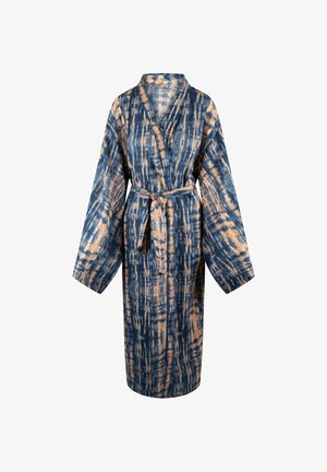 Robe blu e beige a motivi con maniche larghe e cintura. Realizzato in un tessuto texture, presenta un effetto tie-dye con strisce verticali.