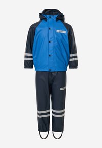 Combinaison de pluie imperméable bleue et marine pour enfants avec capuche, bandes réfléchissantes sur les manches et les jambes, poignets élastiques et sangles d'étrier pour les pieds.