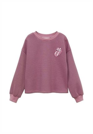 Pulover lung cu mâneci lungi, dungi violet, cu guler rotund și manșete din material elastic, având un logo cusut cu buzele Rolling Stones pe pieptul stâng.