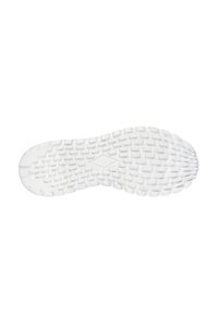 Suela de zapatilla blanca con un patrón de agarre texturizado que presenta bloques rectangulares y estrías para mayor tracción. Acabado suave con una marca mínima.