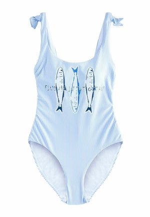 Hellblauer und weiß gestreifter Badeanzug mit Schulterbändern und drei Fischillustrationen über dem Text mit der Aufschrift "Found me in the ocean."