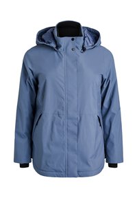 Šviesiai mėlynas vandeniui atsparus džemperis su kapišonu, šoninėmis kišenėmis ir elastingomis rankogaliais. Lygus paviršius, struktūrizuotas dizainas ir užtrauktukas.