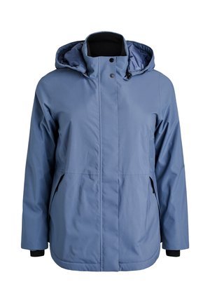 Gaiši zilā ūdensnecaurlaidīgā jaka ar kapuci, sānu kabatām un elastīgām aprocēm. Gluda tekstūra, strukturēta forma un rāvējslēdzēja aizdare.