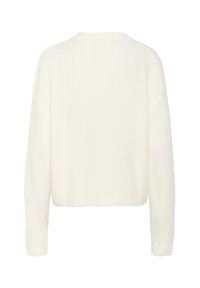 Weißer, cropped Pullover mit rundem Halsausschnitt, langen Ärmeln und gerippten Bündchen. Hergestellt aus weichem, strukturiertem Material ohne sichtbare Muster.