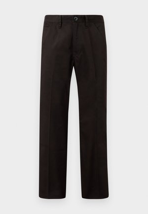 Pantalones negros con un diseño de pierna recta, confeccionados en una tela suave. Cuenta con bolsillos frontales y un cierre de un botón en la cintura.